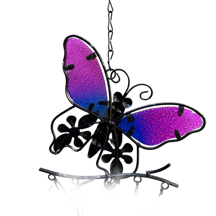 Wonderland Copper-Toned Metal and Purple Stained Glass Butterfly Wind Chime for Garden, Balcony Décor | Hanging Wall Décor