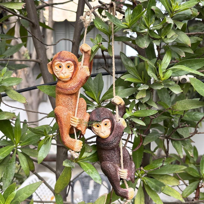 Light & Dark Brown Playful Climbing Monkey Tree Hanging Garden Statues - Set of 2 Resin Primate Sculptures for Outdoor Decor and Patio Accents