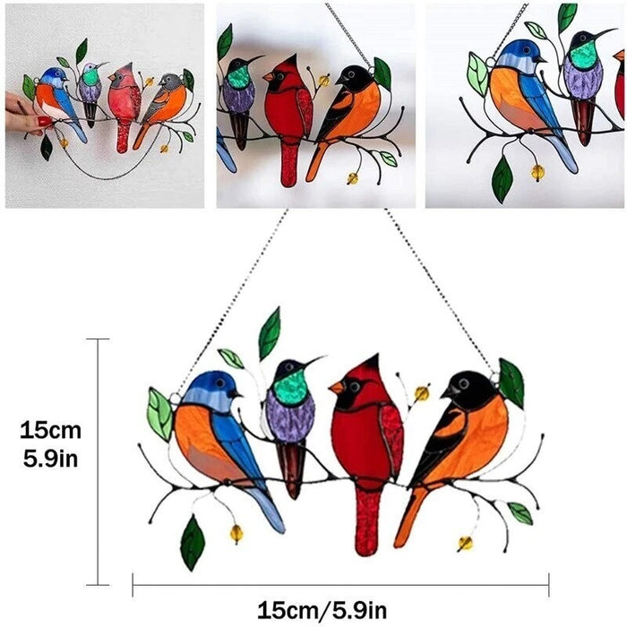 Wonderland Vibrant birds on Branch Metal Art Hanging Wind Chime | Colourful Window Decor with Red & Blue Birds