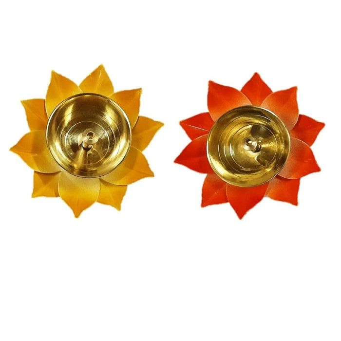 Wonderland orange yellow lotus shape metal brass diya set of 2