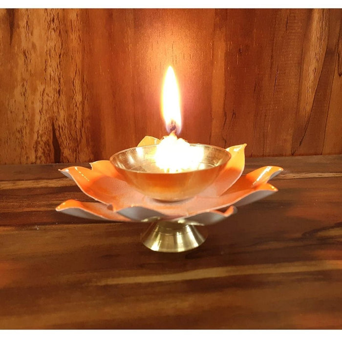 Wonderland orange yellow lotus shape metal brass diya set of 2