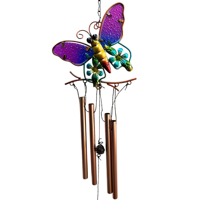 Wonderland Copper-Toned Metal and Purple Stained Glass Butterfly Wind Chime for Garden, Balcony Décor | Hanging Wall Décor