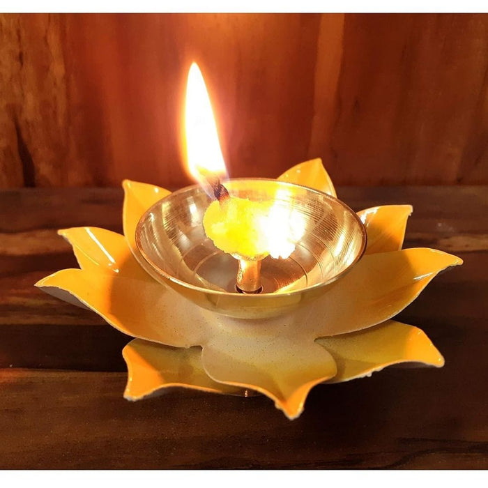 Wonderland orange yellow lotus shape metal brass diya set of 2