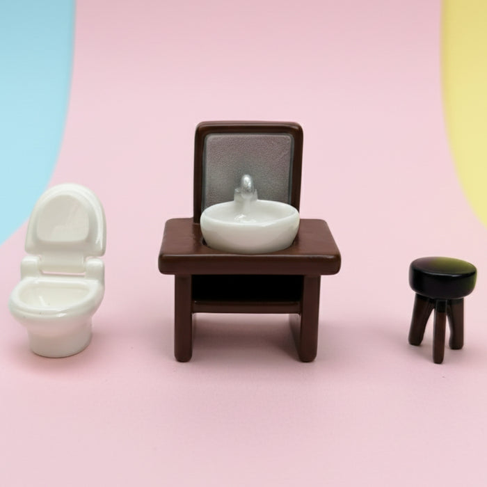 Wonderland 3-Piece Miniature Bathroom Furniture Set – Modern Vanity with Mirror, White Toilet, and Black Tripod Stool – 1:12 Scale Dollhouse Accessories