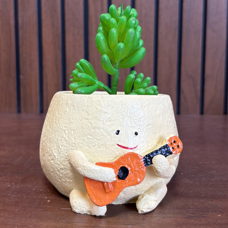 Whimsical Tiny Character Pot – Orange Guitar "Happy Planter