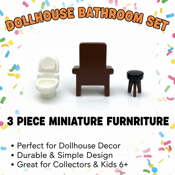 Wonderland 3-Piece Miniature Bathroom Furniture Set – Modern Vanity with Mirror, White Toilet, and Black Tripod Stool – 1:12 Scale Dollhouse Accessories