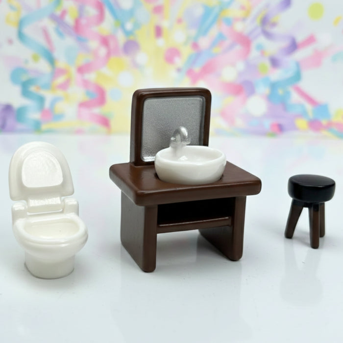 Wonderland 3-Piece Miniature Bathroom Furniture Set – Modern Vanity with Mirror, White Toilet, and Black Tripod Stool – 1:12 Scale Dollhouse Accessories