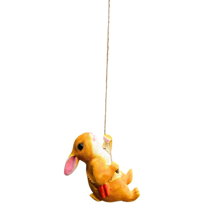 Wonderland Cute Orange Rabbit Garden Ornament Hanging on a Rope Swing