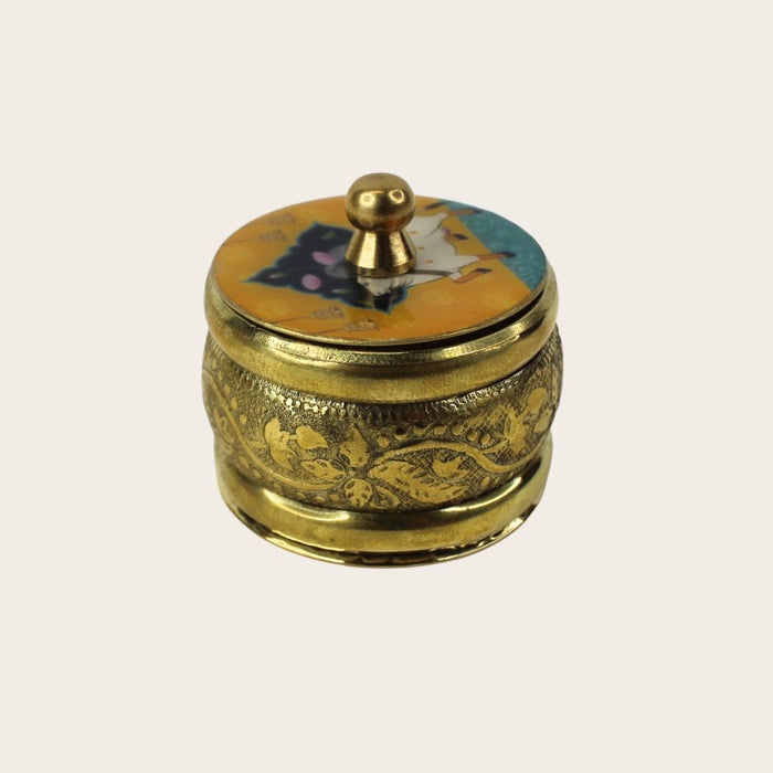 Wonderland Vintage Brass sindoor Box with Enamel Lid| Engraved metal