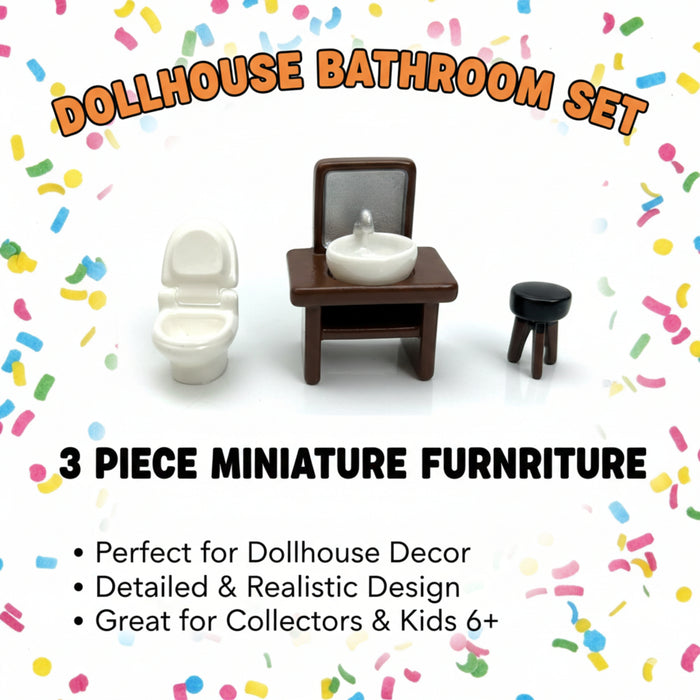 Wonderland 3-Piece Miniature Bathroom Furniture Set – Modern Vanity with Mirror, White Toilet, and Black Tripod Stool – 1:12 Scale Dollhouse Accessories
