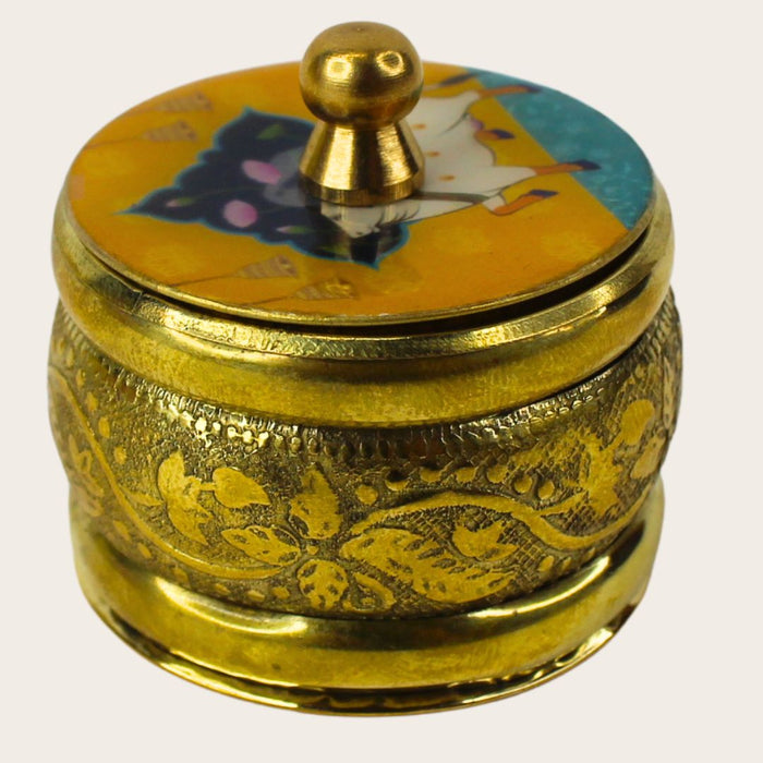Wonderland Vintage Brass sindoor Box with Enamel Lid| Engraved metal