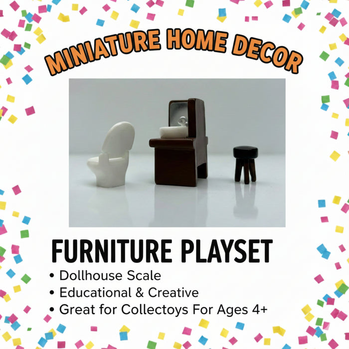 Wonderland 3-Piece Miniature Bathroom Furniture Set – Modern Vanity with Mirror, White Toilet, and Black Tripod Stool – 1:12 Scale Dollhouse Accessories