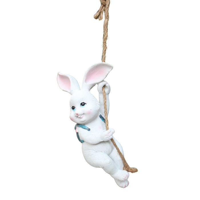 Wonderland Swinging Bunny Figurine| Garden décor|Resin Hanging Bunny Figurine for Tree, Porch, or Patio Decor