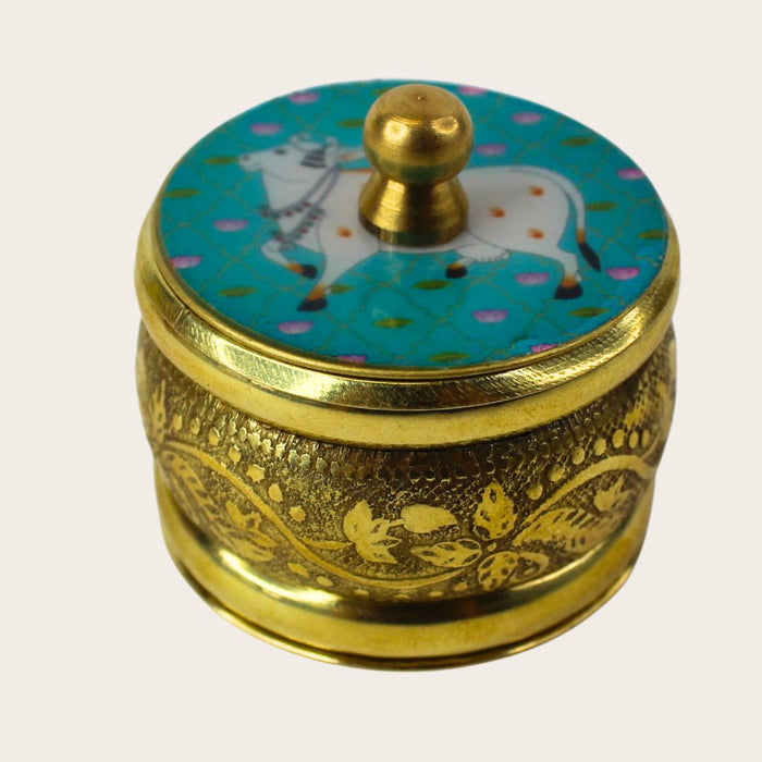 Enamelled Brass  Box with Sacred Cow Motif| Enamel Lid| Engraved Metal| sindoor box