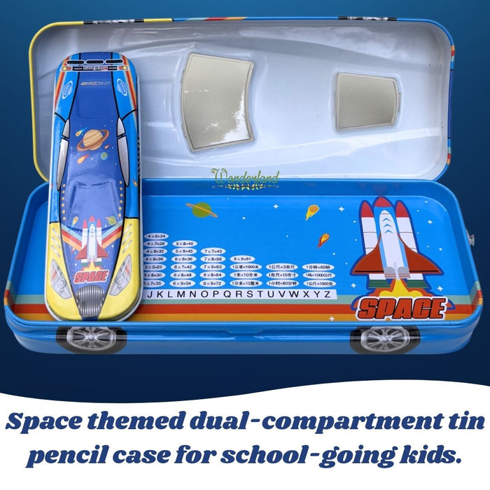 Wonderland Premium Car-Shaped Metal Pencil Box for Kids – Multi-Layer Stationery Organizer with Moving Wheels Blue Colour- 8x3.3x2 inch