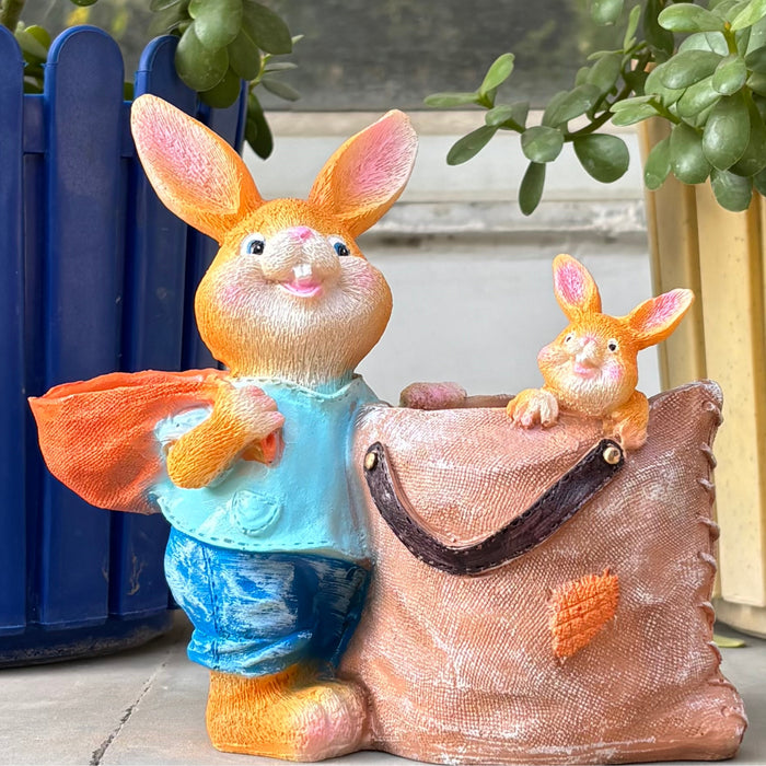 Wonderland Whimsical Rabbit Garden Planter Statue – Hand-Painted Bunny Family Figurine with Flower Pot & Storage Sack – Durable Resin Outdoor Decor for Patio, Yard, and Home- plant not included