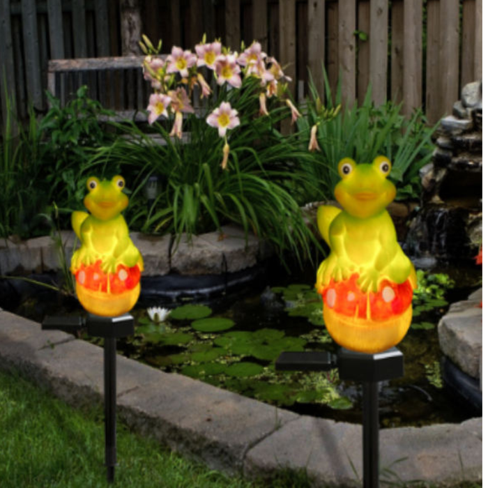 Solar Powered Frog on Mushroom Garden Stakes – Set of 2 Waterproof Outdoor LED Decorative Path Lights for Lawn, Patio, and Yard Decor
