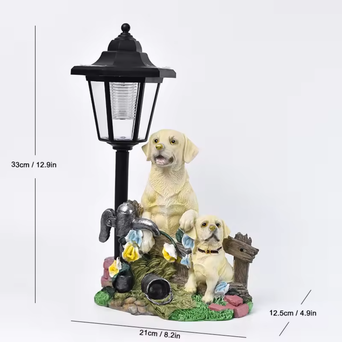 Solar Powered Golden Retriever Garden Statue with Vintage Lamp Post - Hand-Painted Weather-Resistant Outdoor Puppy Sculpture
