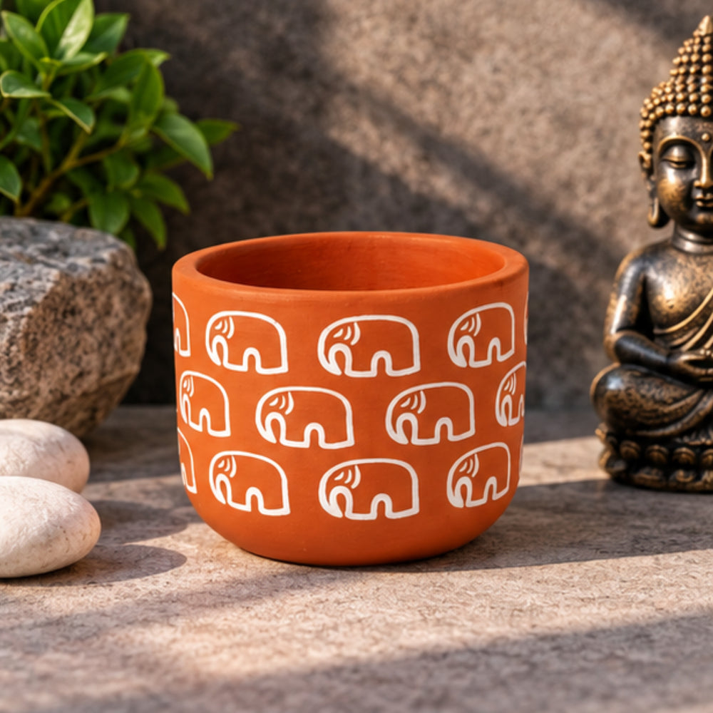4-Inch Hand-Painted Terracotta Elephant Planter – Small  Round Clay Pot for Succulents and Cacti – Rustic Indoor Garden Decor
