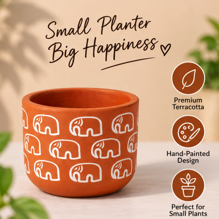 4-Inch Hand-Painted Terracotta Elephant Planter – Small  Round Clay Pot for Succulents and Cacti – Rustic Indoor Garden Decor