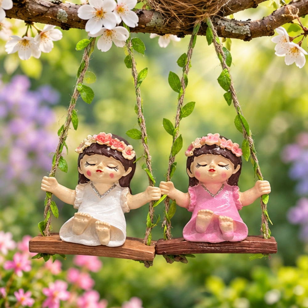 Garden Fairy Duo –Mini Hanging Girl Figurines on Swings- White&Pink-3.5x2.1x3.6inch