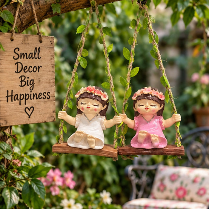 Garden Fairy Duo –Mini Hanging Girl Figurines on Swings- White&Pink-3.5x2.1x3.6inch