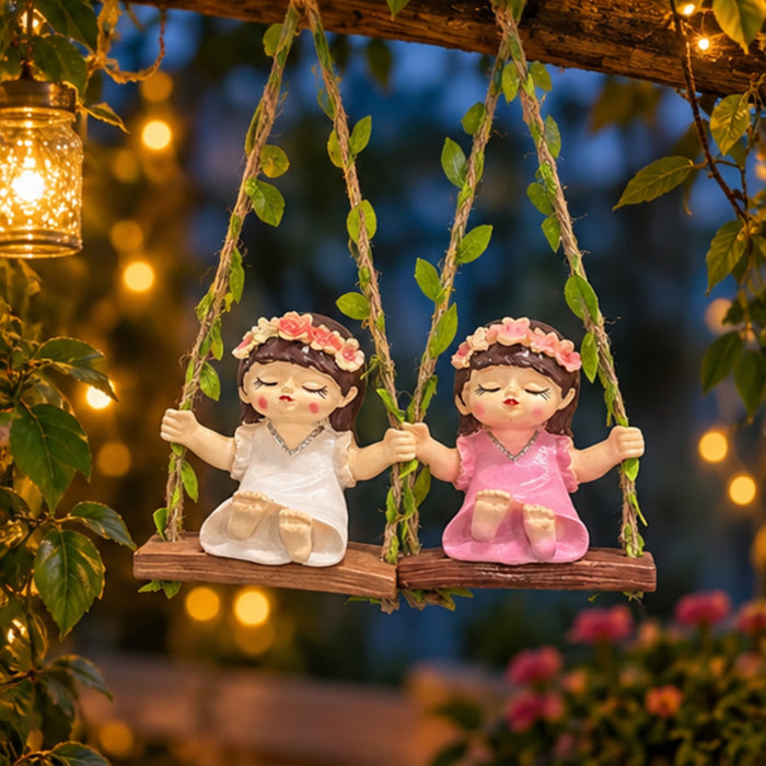 Garden Fairy Duo –Mini Hanging Girl Figurines on Swings- White&Pink-3.5x2.1x3.6inch