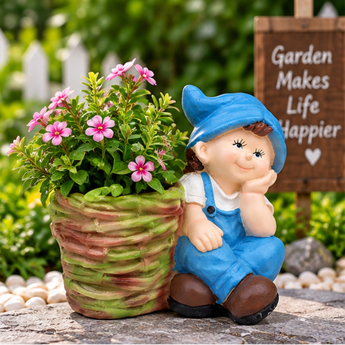 Wonderland Boy Sitting with Big Eyes Resin Pot Planter | Material Resin | Height 12 Inches | Drainage Hole | Decorative Planter for Inside or Outside home | Garden Planter, Homde Decor, Garden Decor