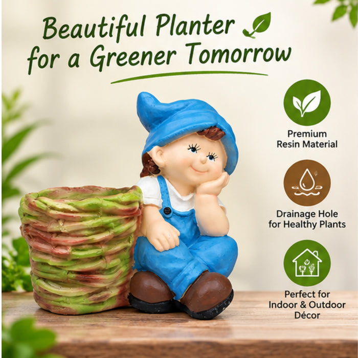 Wonderland Boy Sitting with Big Eyes Resin Pot Planter | Material Resin | Height 12 Inches | Drainage Hole | Decorative Planter for Inside or Outside home | Garden Planter, Homde Decor, Garden Decor