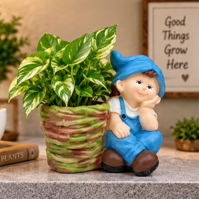 Wonderland Boy Sitting with Big Eyes Resin Pot Planter | Material Resin | Height 12 Inches | Drainage Hole | Decorative Planter for Inside or Outside home | Garden Planter, Homde Decor, Garden Decor
