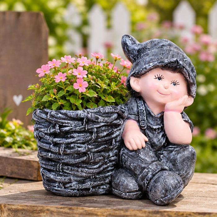 Boy with Pot Planter for Balcony and Garden Decoration (Grey)
