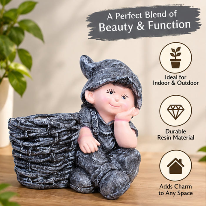 Boy with Pot Planter for Balcony and Garden Decoration (Grey)