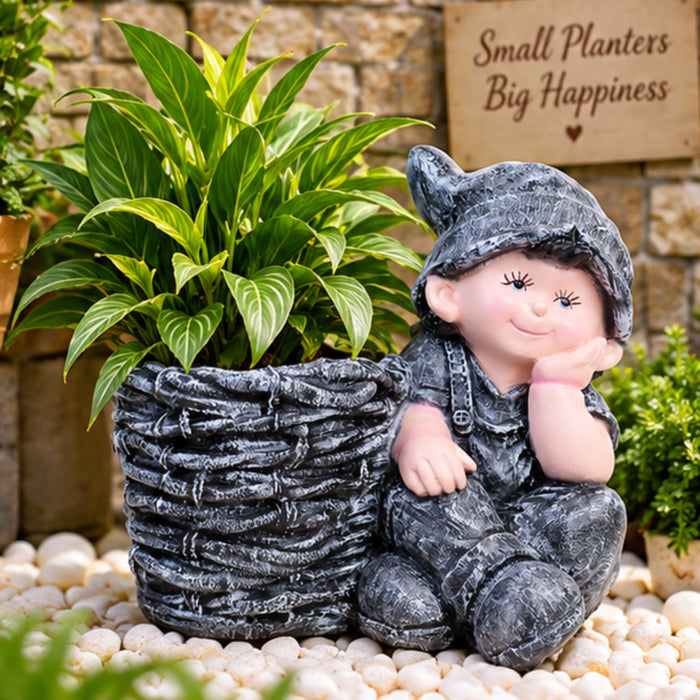 Boy with Pot Planter for Balcony and Garden Decoration (Grey)