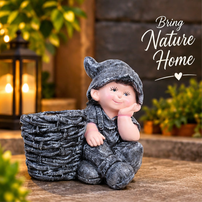Boy with Pot Planter for Balcony and Garden Decoration (Grey)
