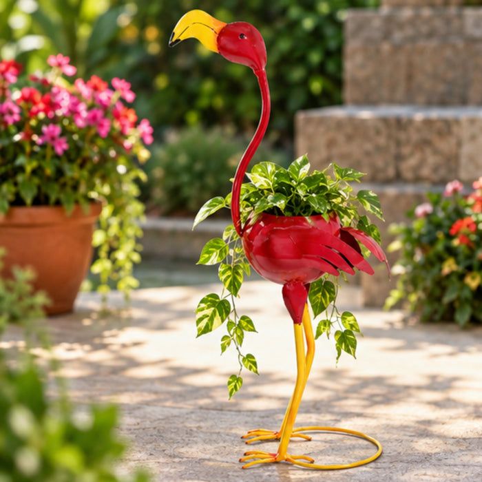 Metal Craft Pink Flamingo Planter with Pot Included