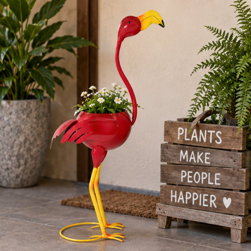 Metal Craft Pink Flamingo Planter with Pot Included