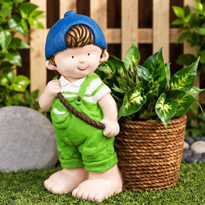 Boy with cap and big pot planter