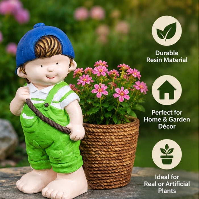 Boy with cap and big pot planter
