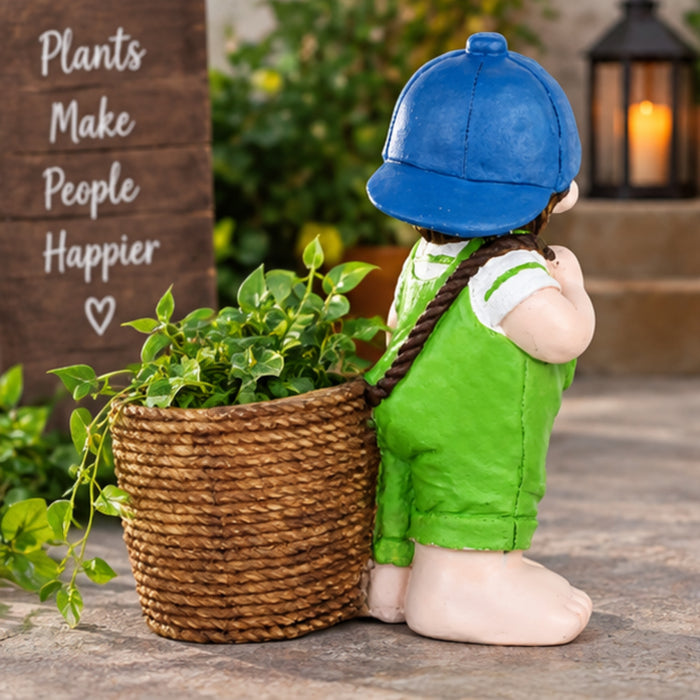 Boy with cap and big pot planter