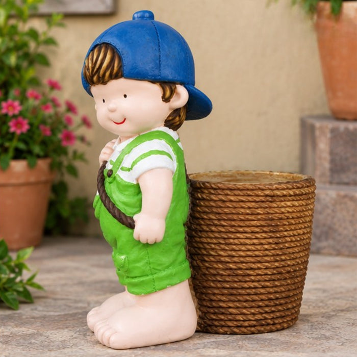 Boy with cap and big pot planter