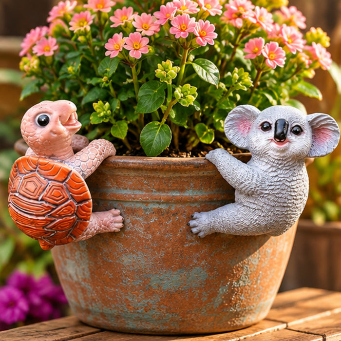 Whimsical Animal Pot Huggers – Set of 2 Hanging Planter Statues (Turtle & Koala) |