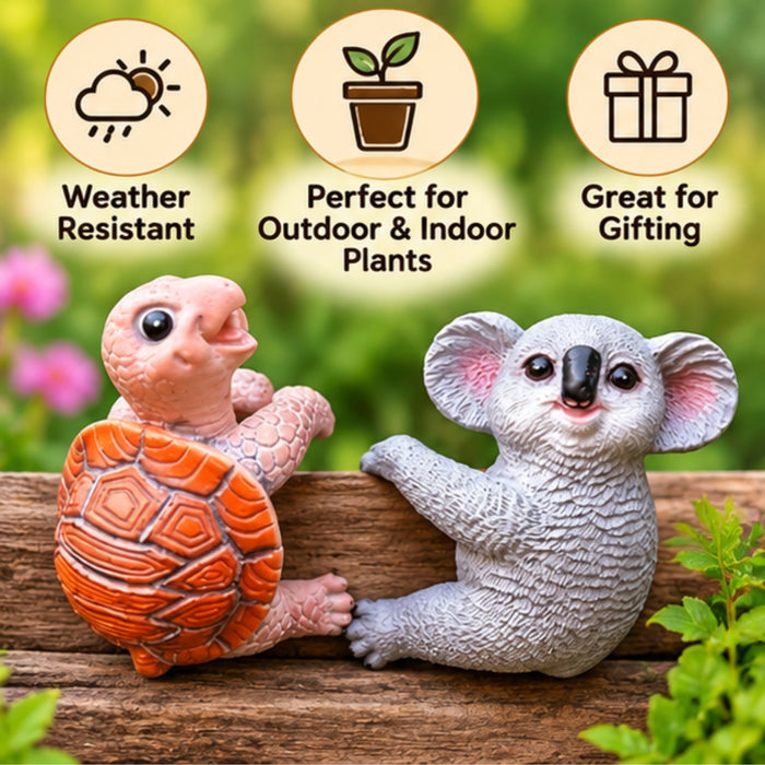 Whimsical Animal Pot Huggers – Set of 2 Hanging Planter Statues (Turtle & Koala) |