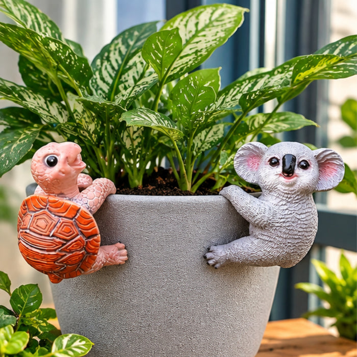 Whimsical Animal Pot Huggers – Set of 2 Hanging Planter Statues (Turtle & Koala) |
