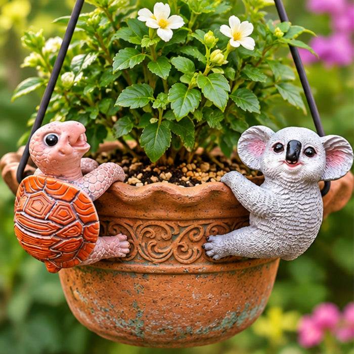 Whimsical Animal Pot Huggers – Set of 2 Hanging Planter Statues (Turtle & Koala) |