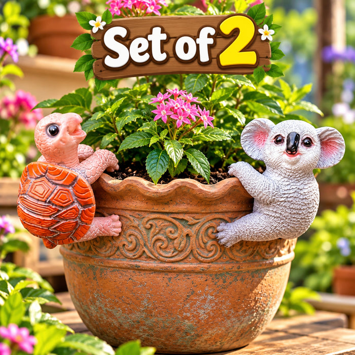 Whimsical Animal Pot Huggers – Set of 2 Hanging Planter Statues (Turtle & Koala) |