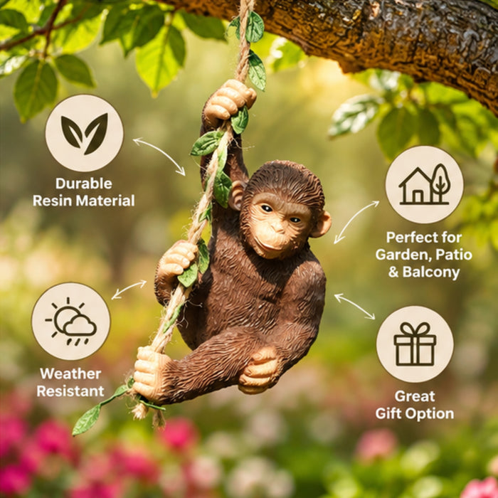 Adorable Swinging Monkey Garden Statue – Hand-Painted Resin  Hanging Decor