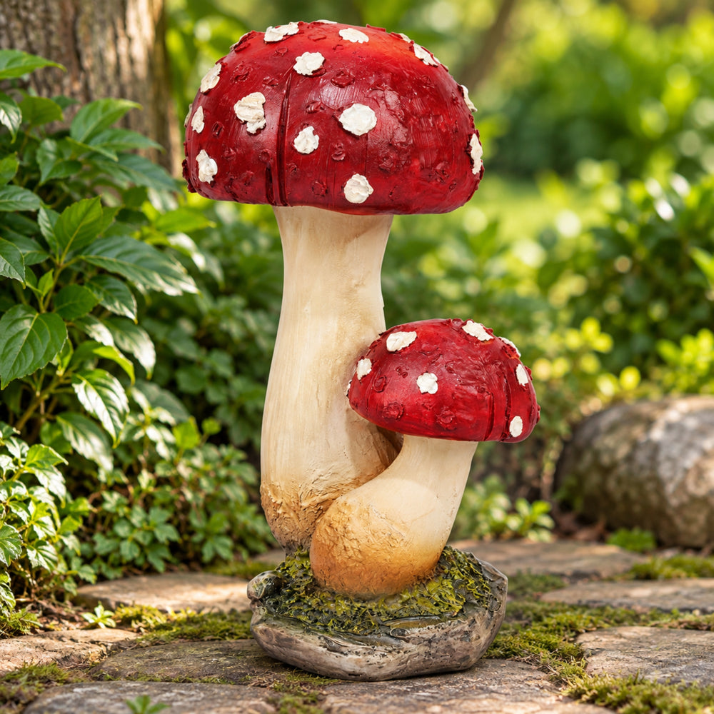 Handmade Ceramic Red Toadstool Mushroom Garden Statue, Twin Mushroom Decor