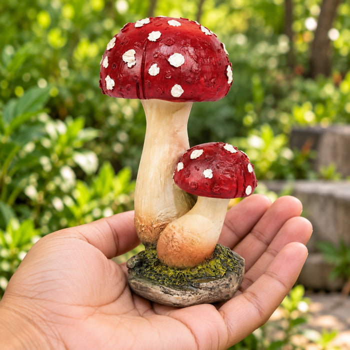 Handmade Ceramic Red Toadstool Mushroom Garden Statue, Twin Mushroom Decor