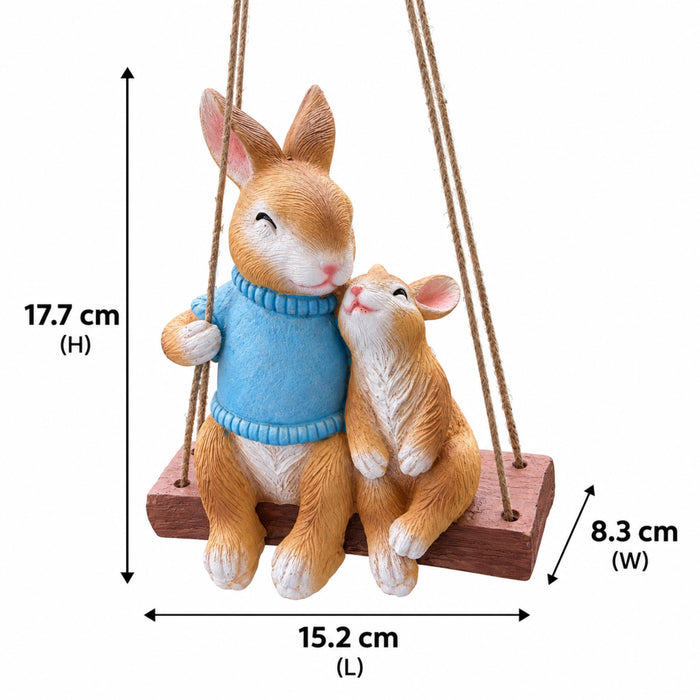 Hanging Garden Bunny Statue – Hand-Painted Rabbit Mother and Baby on Swing