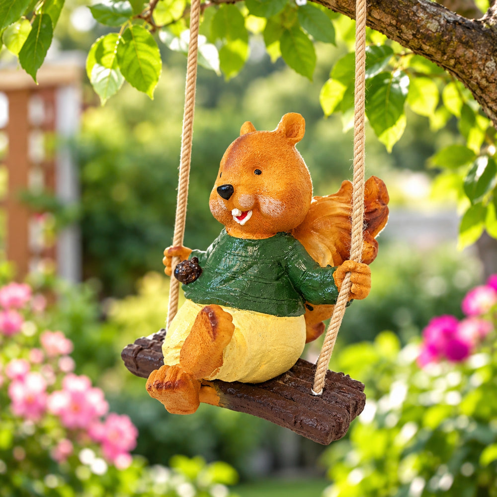 Hanging Squirrel Boy Swinging Statue for Garden Decoration (Brown)